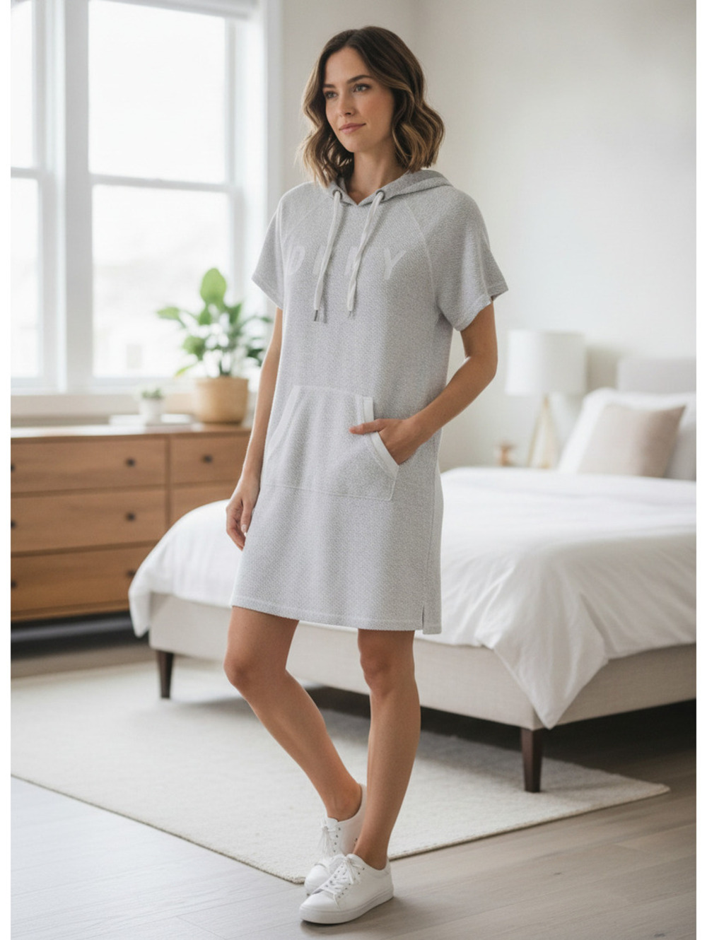 DKNY Sport Gray Hooded Pullover Sweatshirt Dress with Front Pocket Size Small